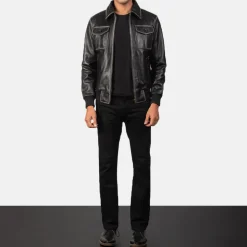 Aaron Black Leather Bomber Jacket