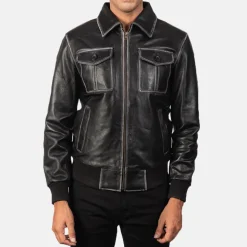 Aaron Black Leather Bomber Jacket
