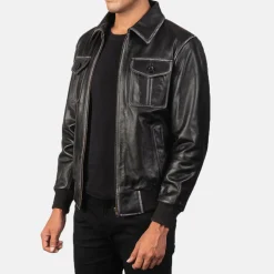 Aaron Black Leather Bomber Jacket