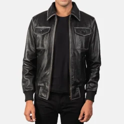 Aaron Black Leather Bomber Jacket