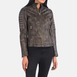 Adalyn Quilted Distressed Brown Leather Biker Jacket