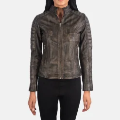 Adalyn Quilted Distressed Brown Leather Biker Jacket