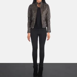 Adalyn Quilted Distressed Brown Leather Biker Jacket