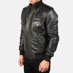 Agent Shadow Black Leather Bomber Jacket