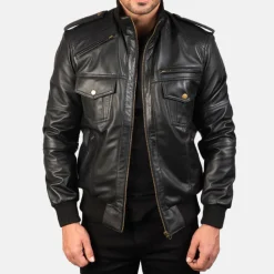 Agent Shadow Black Leather Bomber Jacket