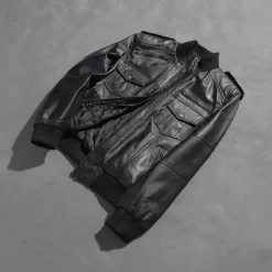 Agent Shadow Black Leather Bomber Jacket