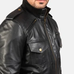 Agent Shadow Black Leather Bomber Jacket