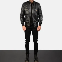 Agent Shadow Black Leather Bomber Jacket