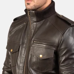 Agent Shadow Brown Leather Bomber Jacket