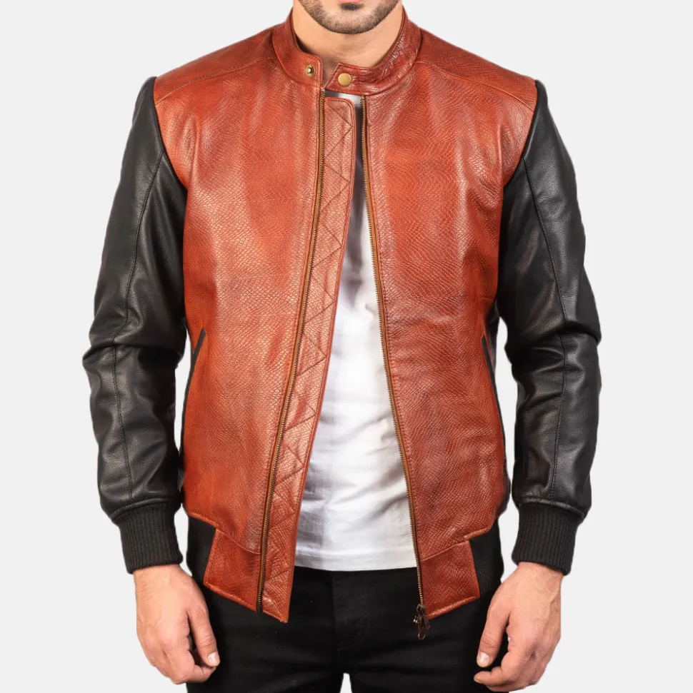 Avan Black & Maroon Leather Bomber Jacket