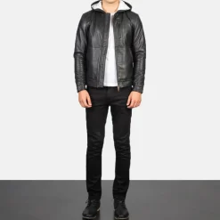Baston Black Hooded Leather Bomber Jacket