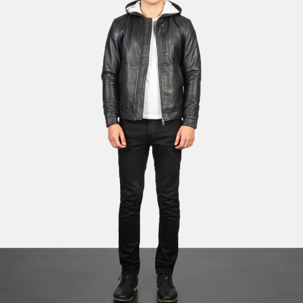 Baston Black Hooded Leather Bomber Jacket