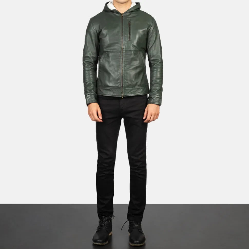 Baston Green Hooded Leather Bomber Jacket