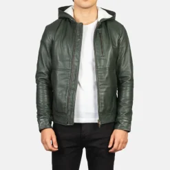 Baston Green Hooded Leather Bomber Jacket