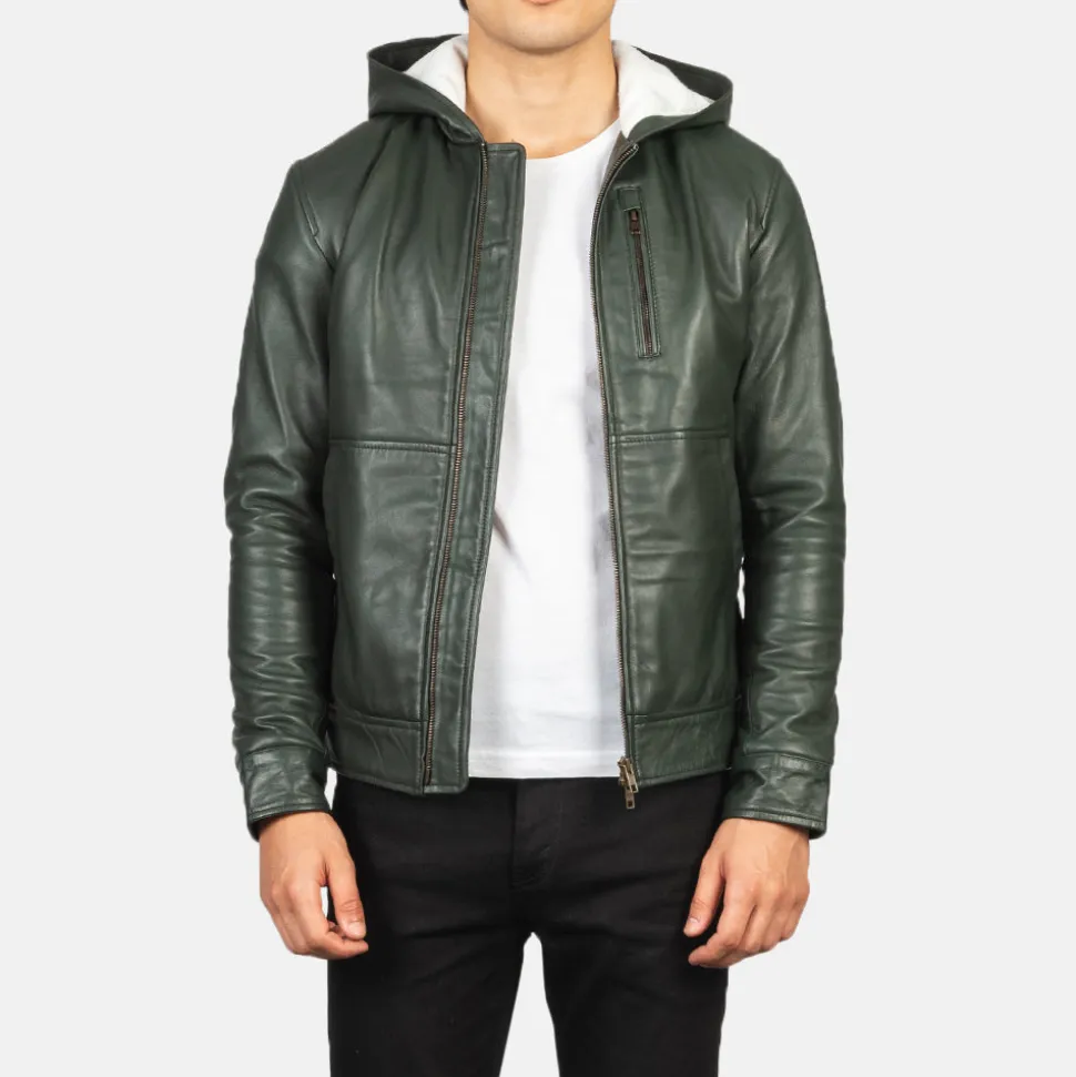 Baston Green Hooded Leather Bomber Jacket