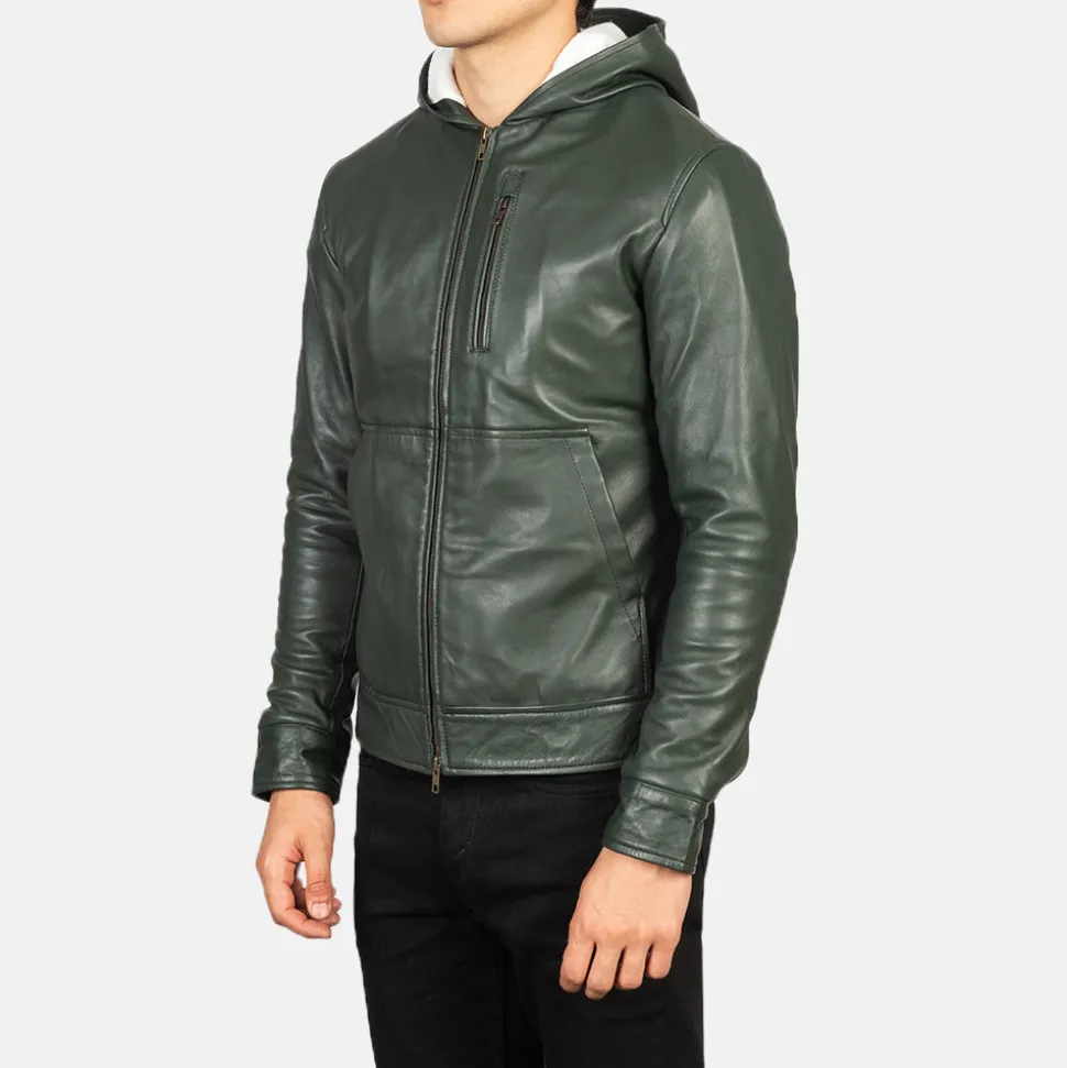 Baston Green Hooded Leather Bomber Jacket