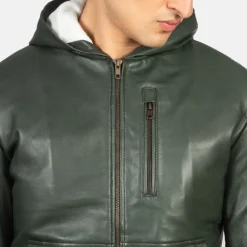 Baston Green Hooded Leather Bomber Jacket