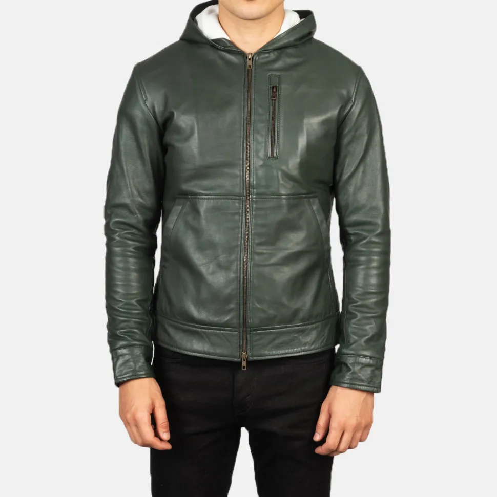 Baston Green Hooded Leather Bomber Jacket