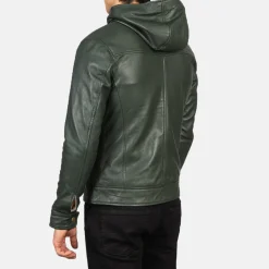 Baston Green Hooded Leather Bomber Jacket