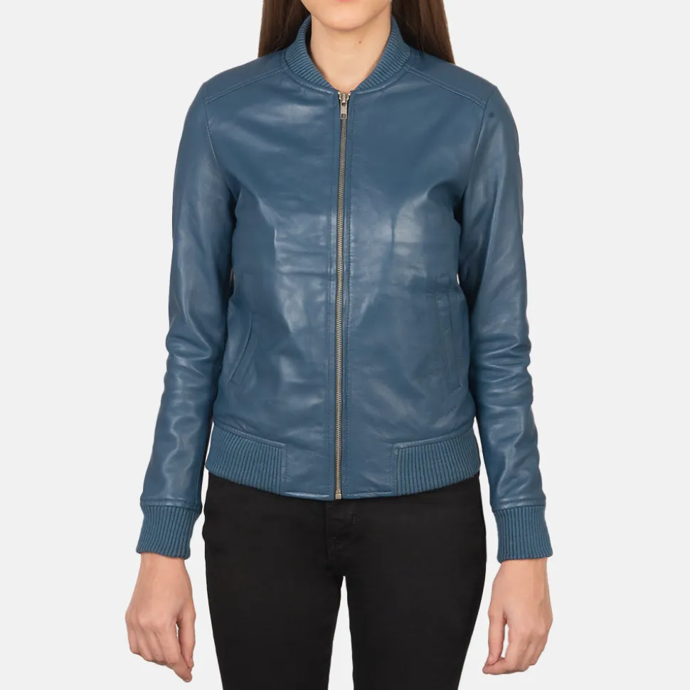 Bliss Blue Leather Bomber Jacket