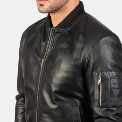 Bomia Ma-1 Black Leather Bomber Jacket