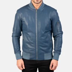 Bomia Ma-1 Blue Leather Bomber Jacket