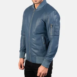 Bomia Ma-1 Blue Leather Bomber Jacket