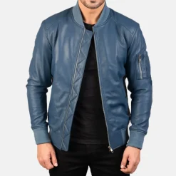 Bomia Ma-1 Blue Leather Bomber Jacket