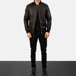 Bomia Ma-1 Distressed Black Leather Bomber Jacket