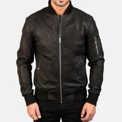 Bomia Ma-1 Distressed Black Leather Bomber Jacket