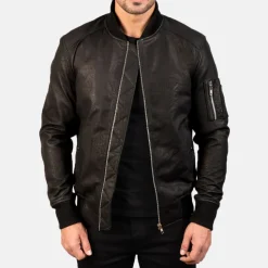 Bomia Ma-1 Distressed Black Leather Bomber Jacket