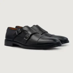 Boston Double Monk Strap Black Leather Shoes