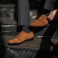 Boston Double Monk Strap Brown Suede Leather Shoes