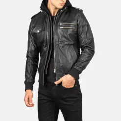 Bravado Black Hooded Leather Bomber Jacket