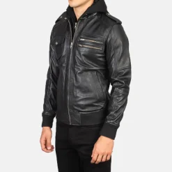 Bravado Black Hooded Leather Bomber Jacket