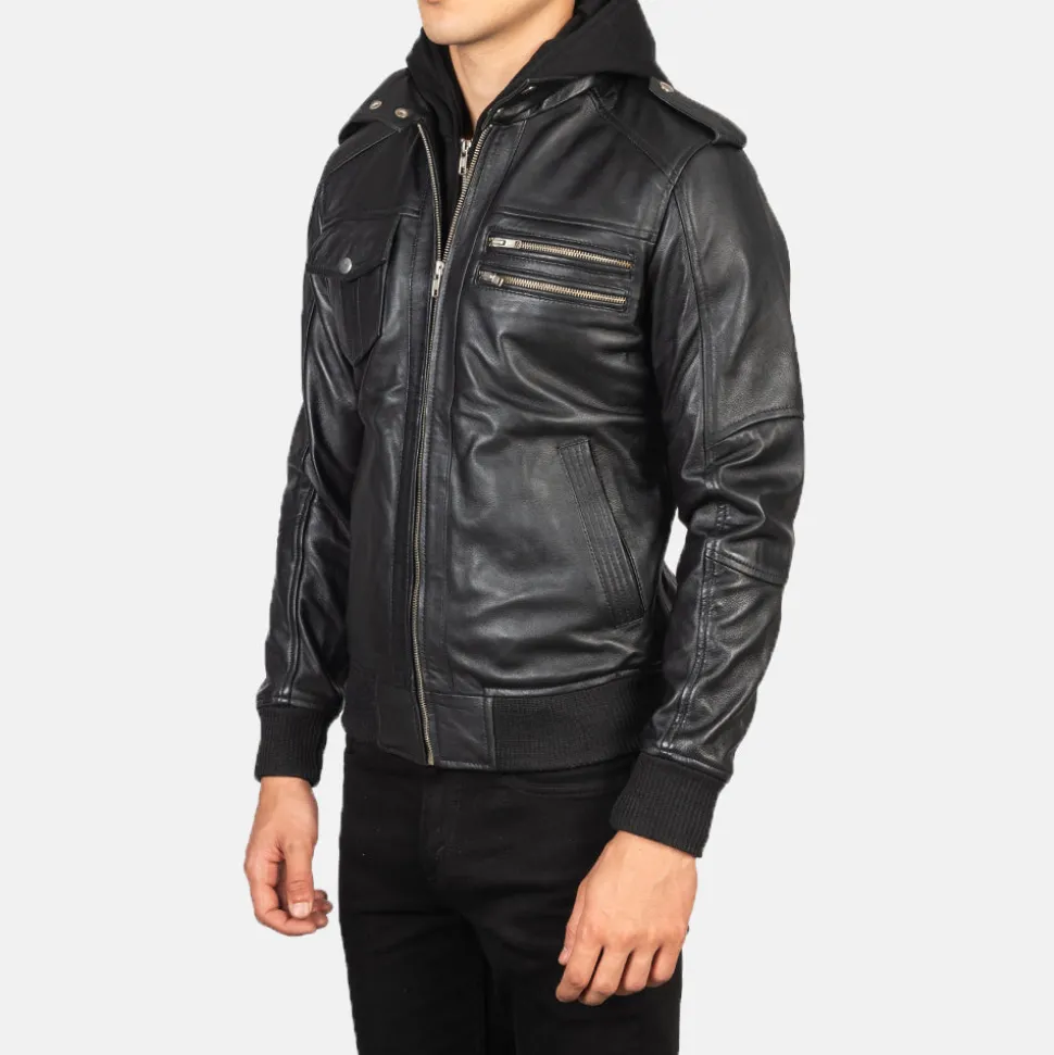 Bravado Black Hooded Leather Bomber Jacket