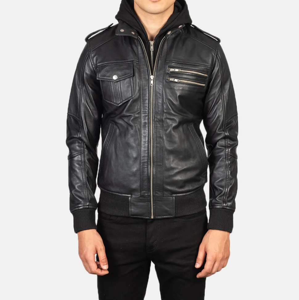 Bravado Black Hooded Leather Bomber Jacket