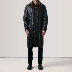 Cai Black Leather Shearling Coat