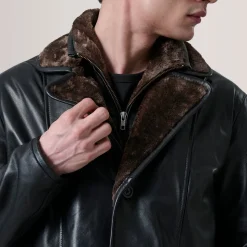 Cai Black Leather Shearling Coat