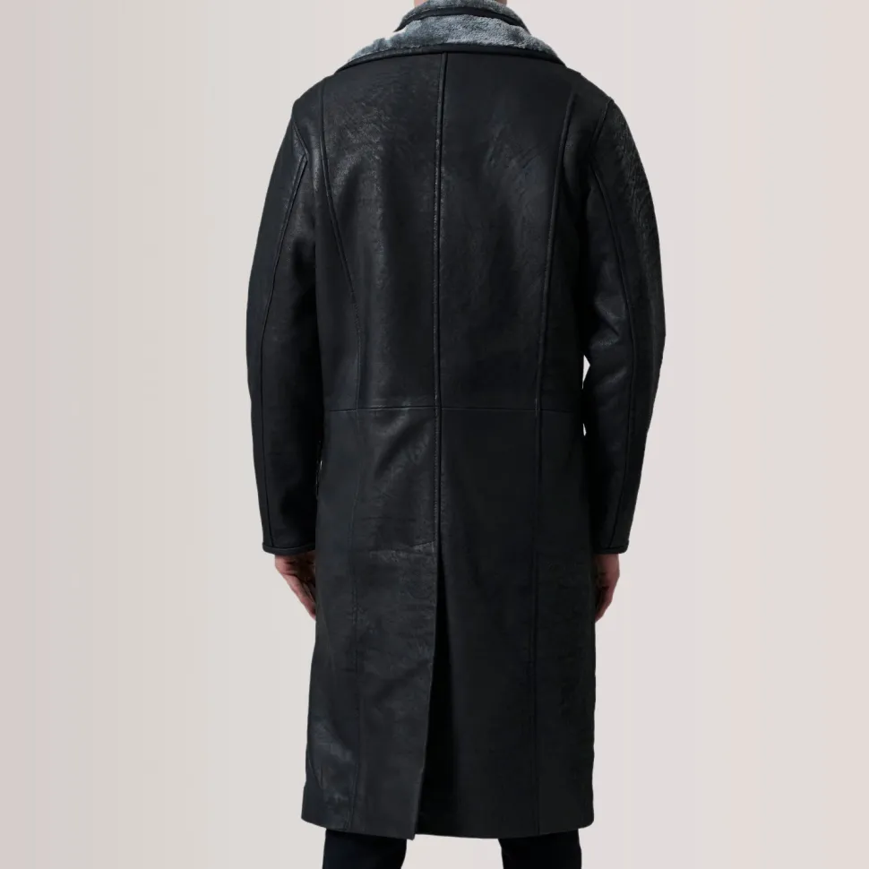 Cai Distressed Black Leather Shearling Coat