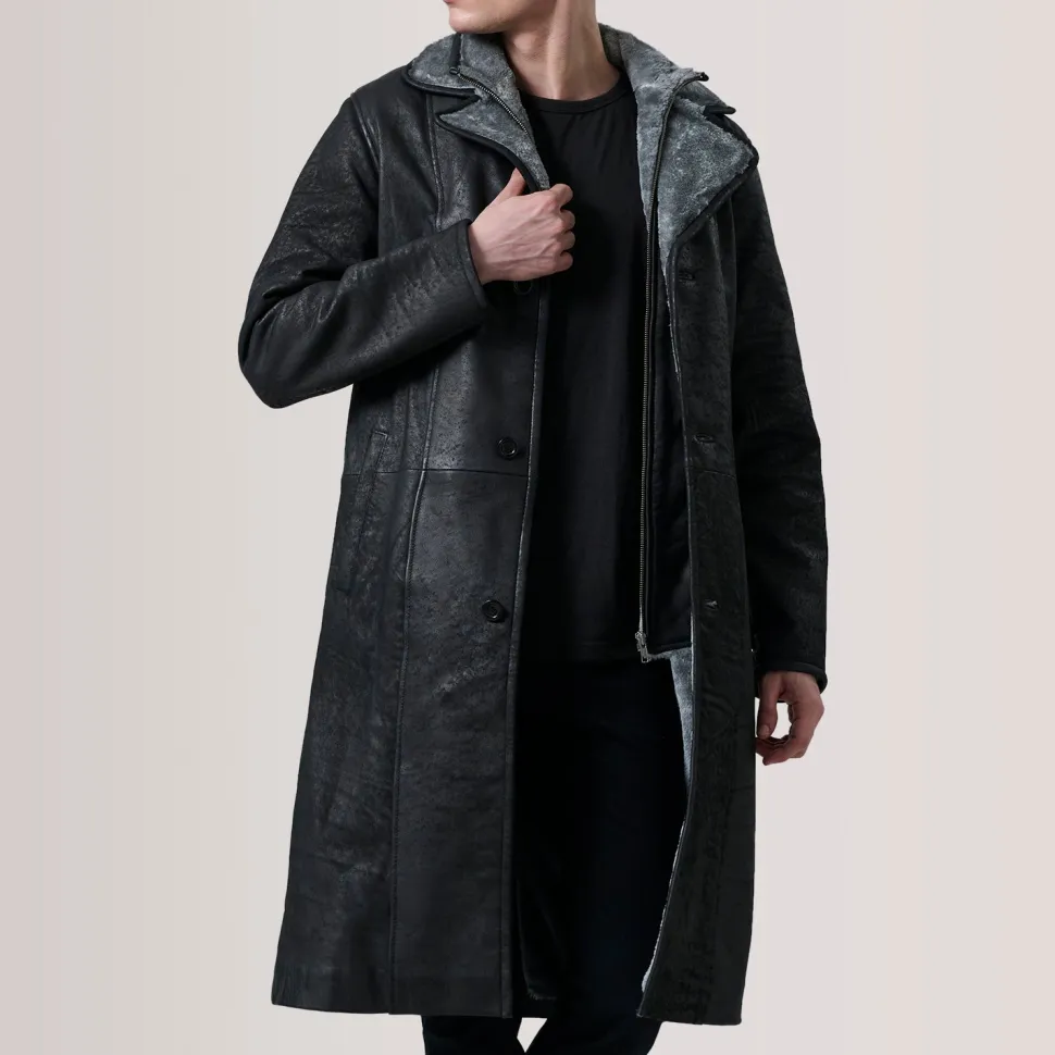 Cai Distressed Black Leather Shearling Coat