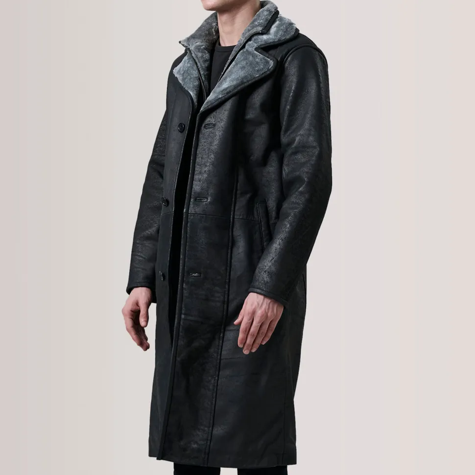 Cai Distressed Black Leather Shearling Coat