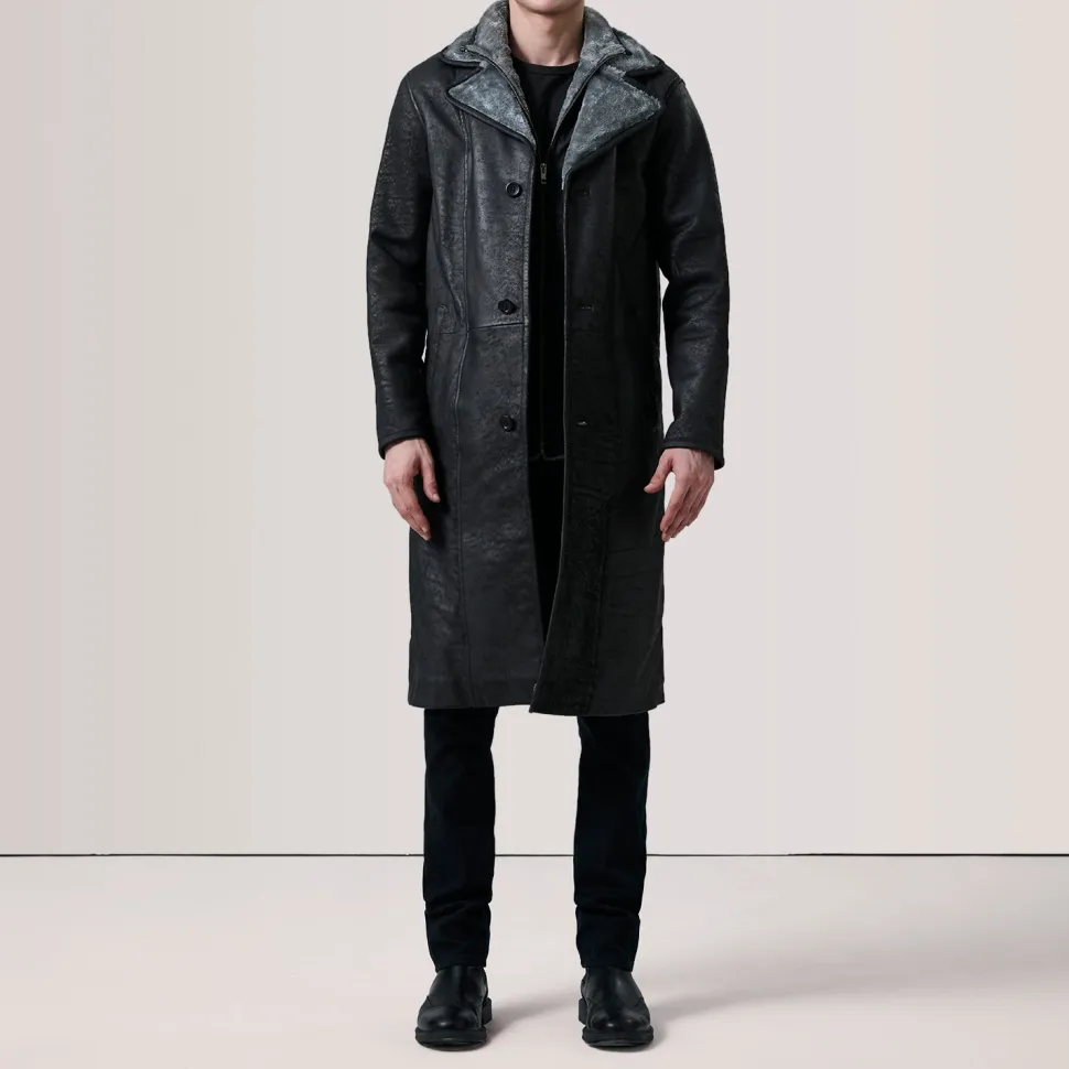 Cai Distressed Black Leather Shearling Coat