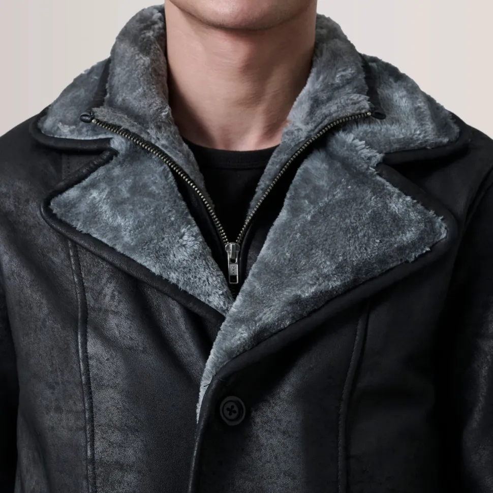Cai Distressed Black Leather Shearling Coat