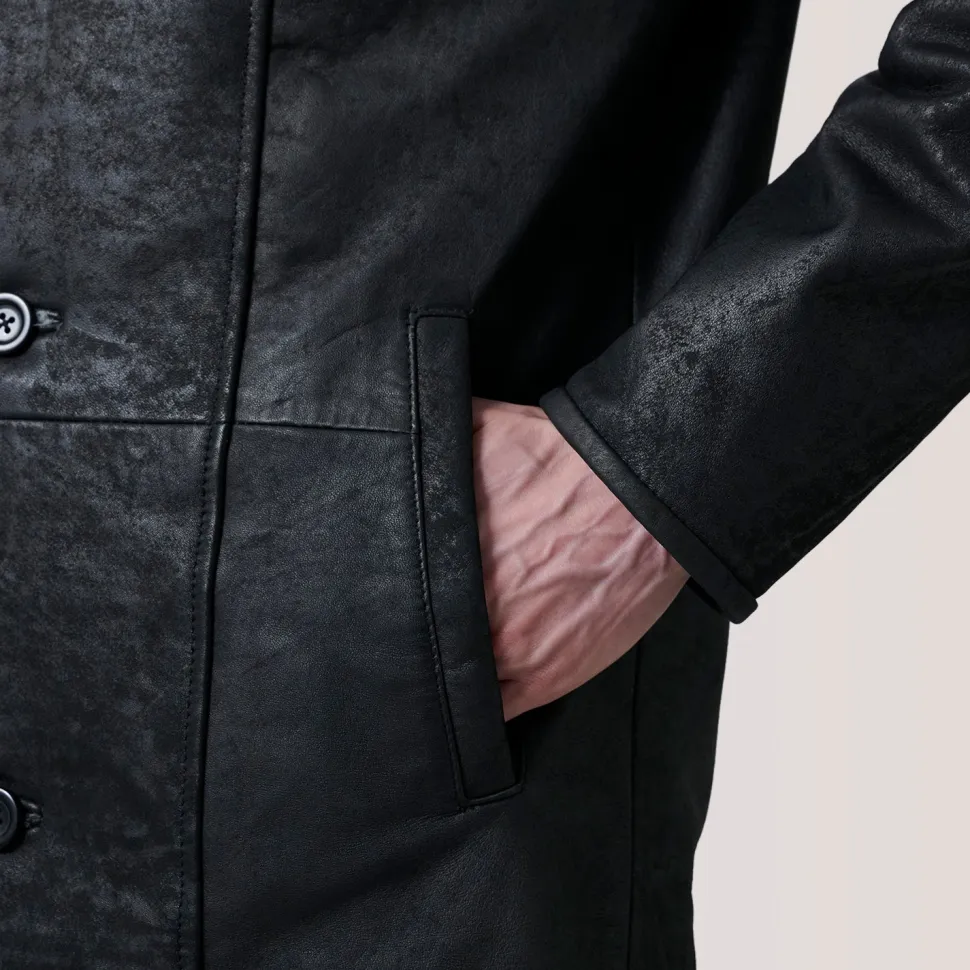 Cai Distressed Black Leather Shearling Coat