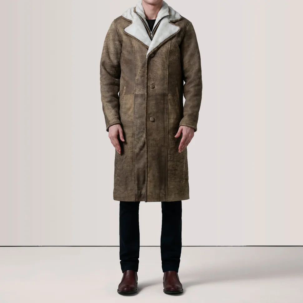 Cai Distressed Brown Leather Shearling Coat