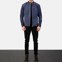 Charcoal Navy Blue Suede Biker Jacket