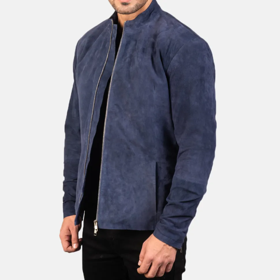 Charcoal Navy Blue Suede Biker Jacket