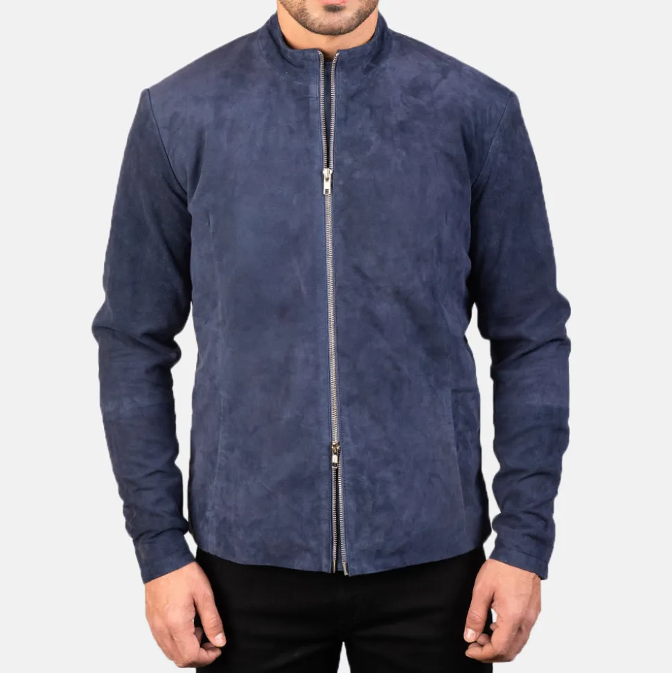 Charcoal Navy Blue Suede Biker Jacket