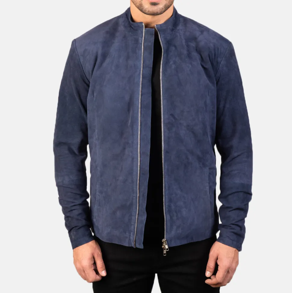 Charcoal Navy Blue Suede Biker Jacket